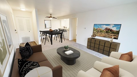 A living room with a brown couch and a painting of a house on the wall.