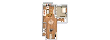 A floor plan of a house with a kitchen, living room, and dining area.