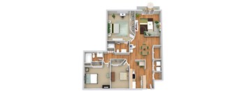 A detailed 3D floor plan of a house layout.