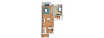 A top-down view of a room with a couch, chairs, a table, and a television.