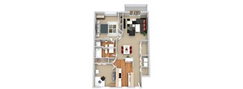 A floor plan of a house with a kitchen, living room, and two bedrooms.
