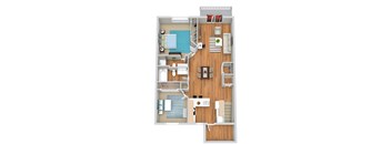 A top-down view of a small apartment with a kitchen, living room, and bathroom.