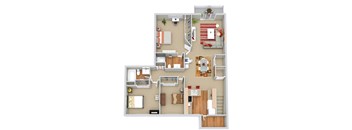 A top-down view of a house layout with a living room, kitchen, dining area, and bedrooms.
