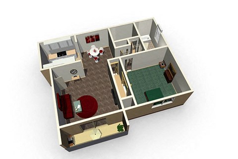 the isometric view of a 3d floor plan with a kitchen and living room