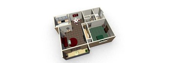 the isometric view of a 3d floor plan with a kitchen and living room