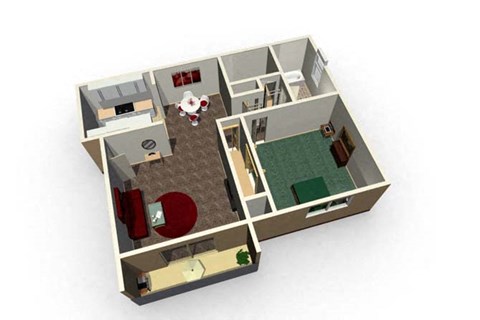 the isometric view of a 3d floor plan with a kitchen and living room