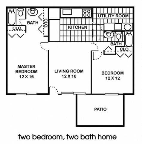 a floor plan of a house with two bedrooms and two baths