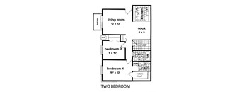 a floor plan of a small house with two bedrooms and a bathroom