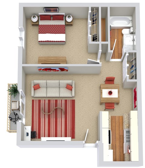 A top-down view of a living room with a sofa, a bed, and a dining table.