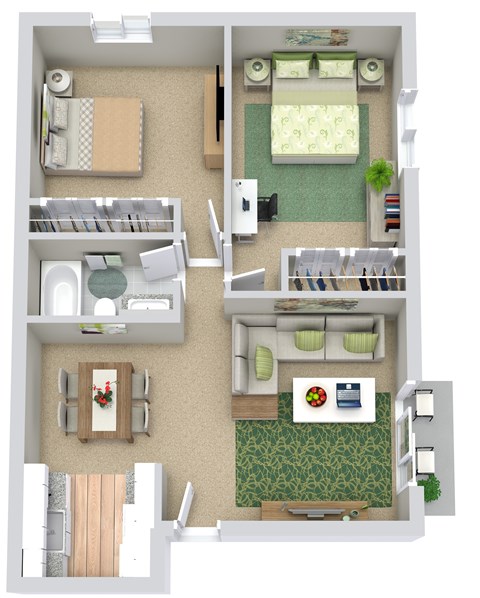 A floor plan of a house with a kitchen, living room, and two bedrooms.