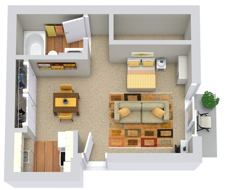 A top down view of a living room, kitchen, and bedroom.