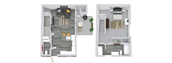a stylized floor plan of a bedroom and a living room