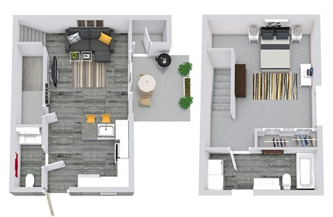 a stylized floor plan of a bedroom and a living room