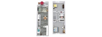 a stylized floor plan of a house with a bedroom and a living room