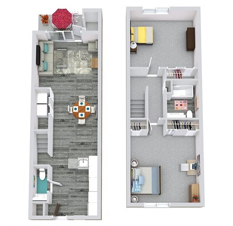 a stylized floor plan of a house with a bedroom and a living room