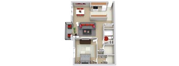 A top-down view of a small apartment with a living room, kitchen, and bedroom.