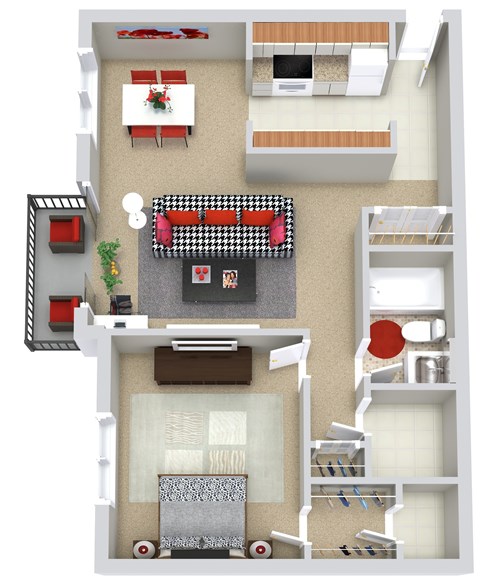 A top-down view of a small apartment with a living room, kitchen, and bedroom.