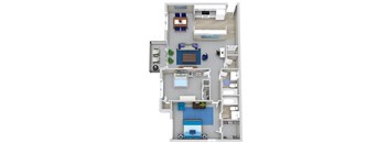 A floor plan of a two-bedroom apartment with a living room, kitchen, and bathroom.