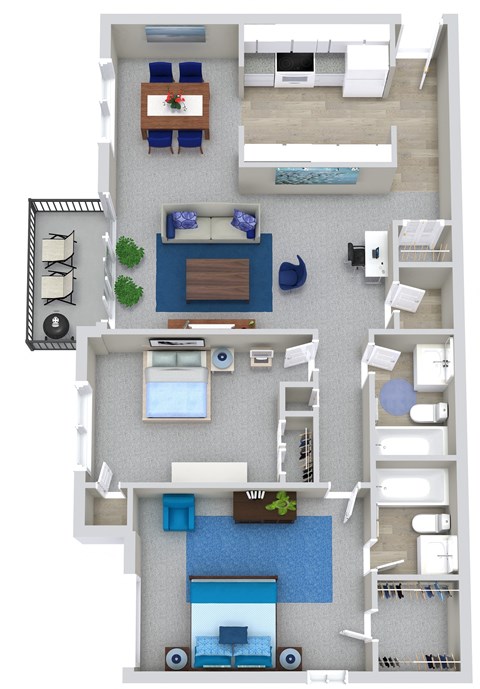 A floor plan of a two-bedroom apartment with a living room, kitchen, and bathroom.