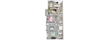 A floor plan of a two-bedroom apartment with a living room, kitchen, and bathroom.