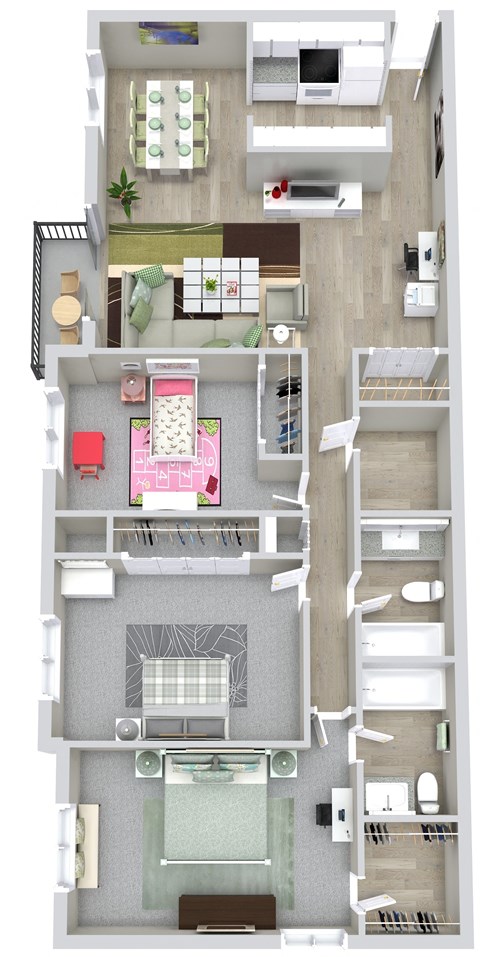 A floor plan of a two-bedroom apartment with a living room, kitchen, and bathroom.