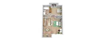 A top-down view of a small apartment with a kitchen, living room, and bathroom.