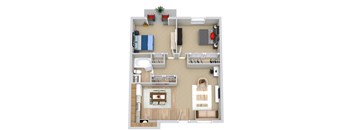 A floor plan of a small apartment with a kitchen, living room, and bedrooms.