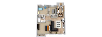 A top-down view of a living room with a couch, a chair, a television, and a rug.