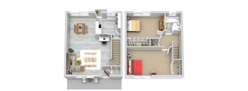 A top down view of a living room and kitchen area.