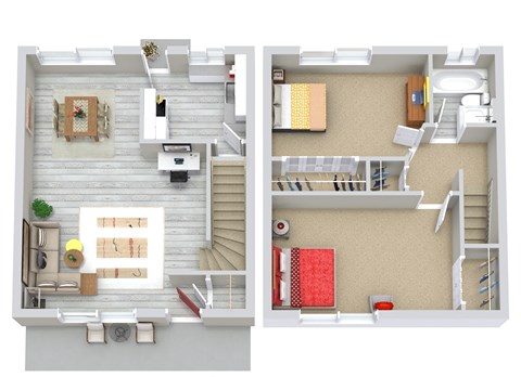 A top down view of a living room and kitchen area.