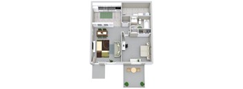 A floor plan of a small apartment with a kitchen, living room, and bathroom.