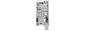 A top-down view of a small apartment with a kitchen, living room, and bathroom.