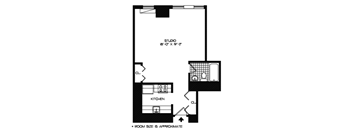 A black and white drawing of a floor plan for a studio apartment with a kitchen and a studio space.