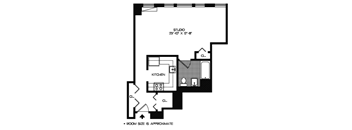 A floor plan of a studio apartment with a kitchen and approximate room sizes are provided.