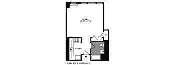 A black and white floor plan of a studio apartment with a kitchen and a note that room sizes are approximate.