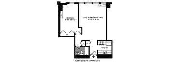 A black and white image of a floor plan for a bedroom, living room/dining area, and kitchen.