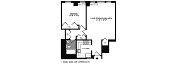 A black and white image of a floor plan for a home with a bedroom, living room/dining area, and kitchen.