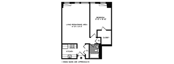 A black and white image of a floor plan for a bedroom, living room, and kitchen.