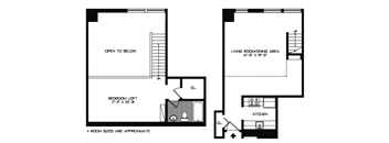 A floor plan of a house with a living room, dining area, kitchen, and bedroom.
