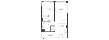 A black and white image of a floor plan for a home with a bedroom, living room, and corridor.