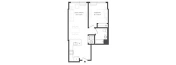 A floor plan of a small apartment with a living room, dining room, and bedroom.