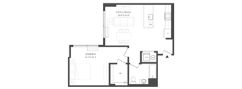 A black and white image of a floor plan for a living room, dining room, and bedroom.