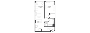 A black and white image of a floor plan for a living space.