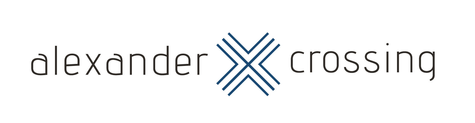 A logo with the text "alexander crossing" and a stylized "X" in blue.