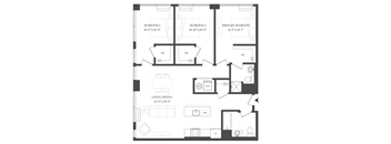 A black and white image of a house floor plan with three bedrooms and a living area.