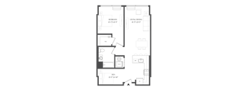 A floor plan of a house with a den, bedroom, and living/dining area.