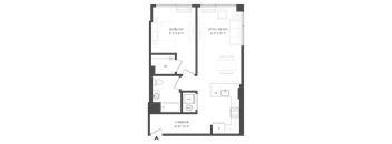 A floor plan of a house with a living/dining room, two bedrooms, a corridor, and a bathroom.