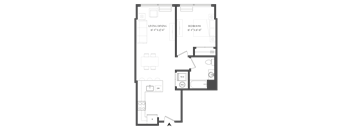 A floor plan of a house with a living/dining area and a bedroom.