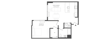 A floor plan of a house with a living room, dining room, and bedroom.