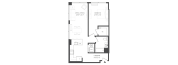 A floor plan of a house with a living/dining area, two bedrooms, a bathroom, a kitchen, a study, and a corridor.